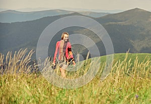Active leisure. Athletic girl enjoy trekking. Vacation ideas. Healthy lifestyle. Sporty tourist hiker trekking. Summer