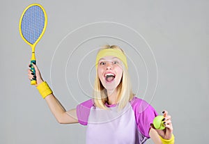 Active leisure and hobby. Girl fit slim blonde play tennis. Sport for maintaining health. Active lifestyle. Woman hold