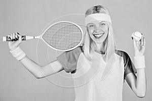 Active leisure and hobby. Tennis sport and entertainment. Tennis club concept. Girl adorable blonde play tennis. Sport