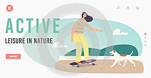 Active Leisure in Nature Landing Page Template. Young Girl Riding Skateboard in City Park. Skateboarder Girl Activity
