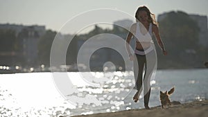 Active lifestyle leisure outdoor activity of young beautiful sport girl owner running together with little chihuahua dog