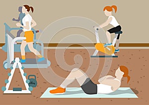 Active Lifestyle Pack Fitness users exercise together. Body trainer inside the gym . Sport activity energy concept, flat vector