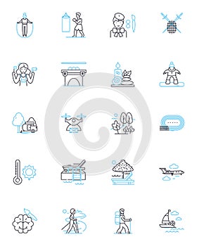 Active living linear icons set. Fitness, Health, Exercise, Movement, Wellbeing, Vigor, Agility line vector and concept