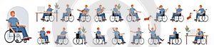 Active male character male with disability poses set, young man sitting in wheelchair
