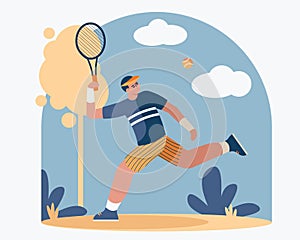 Active male in uniform holding tennis racket and runs to hit ball, playing outside