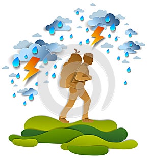 Active man hiking in storm with lightning and rain, motivation,