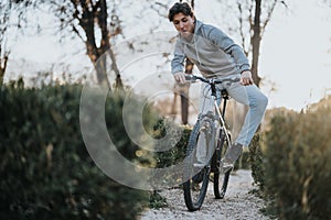 Active man riding a bicycle in a scenic park during the golden hour