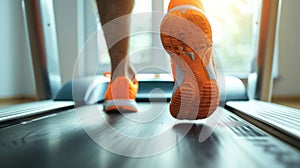 Active man running on treadmill, focus on sneaker clad feet in gym