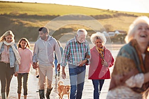 Active Multi-Generation Family With Dog Walking Along Shore On Winter Beach Vacation