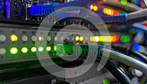 Active Network Switch with Ethernet Cables in Server Room