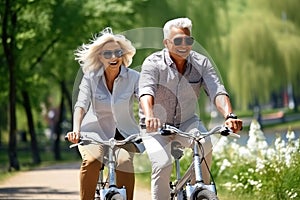 active old age, people and lifestyle concept - happy senior couple riding bicycles at summer park