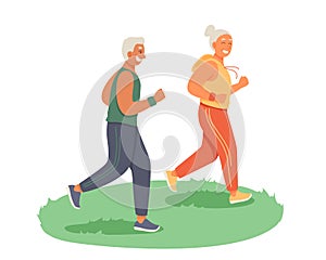 Active old lady running outside with man. Regular physical activity for senior couple