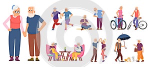 Active old people. Cycling person, healthy retirement and smile elderly characters. Senior retired, cartoon cute dancing