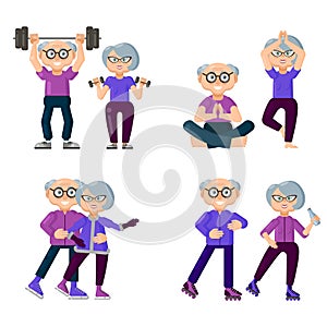 Active older people are engaged in sports. Set of sports for the elderly