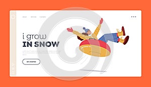 Active Outdoor Wintertime Fun Landing Page Template. Young Girl Sliding on Snow Tubing Having Fun On Winter Holidays