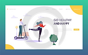 Active People Character in Park Landing Page. Healthy Lifestyle Concept. Man Riding Electric Skate , Woman Roller Skate