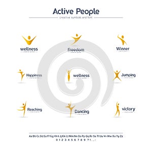 Active people creative symbols set, font concept. Winner, happy human, freedom abstract business logo. Dancing man