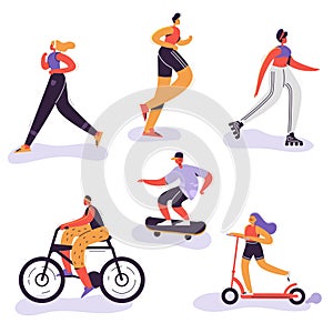 Active People Exercising. Outdoor Activities Running Woman, Girl Riding Bicycle, Man Run Marathon. Characters