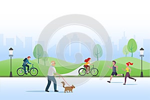 Active people exercising at public park, jogging, cycling and walking with dog. Healthy lifestyle, outdoor  leisure