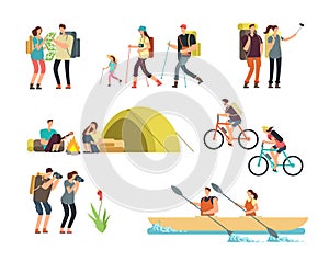 Active people hikers. Cartoon travelling family outdoor. Hiking and trekking tourists vector characters isolated