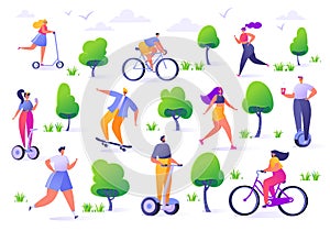 Active people in the park. Summer outdoor. Man and woman characters running, riding bicycle, skateboarding, roller skates, fitness