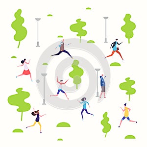 Active people in the spring park, walking and running people vector illustration