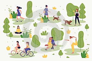 Active people in summer park vector illustration. Cartoon characters activities walking, cycling, doing yoga, resting