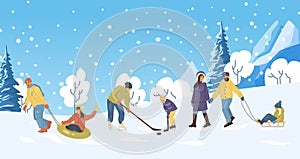 Active people in the winter park. Happy family walking and ride child on the sled. People in the park, children playing