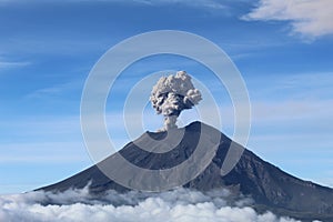 Active Popocatepetl volcano in Mexico against the blue sky