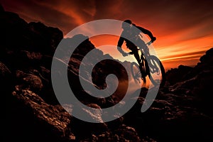 Active pursuit, Enduro cyclist\'s silhouette riding mountain bike on rocky trail