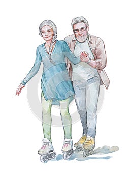 Active retired couple on skate rollers