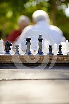 Active retired people, two old friends playing chess at park