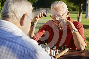 Active retired people, two senior men playing chess at park