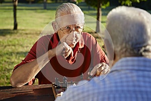 Active retired people, two senior men playing chess at park photo