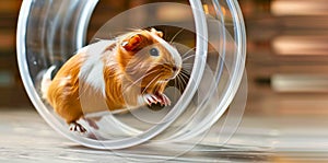 Active scene of a guinea pig energetically running in a wheel