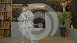 Active school age multiracial kid doing karate kick combination during training