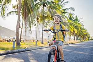 Active school kid boy in safety helmet riding a bike with backpack on sunny day. Happy child biking on way to school