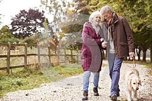 Active Senior Couple On Autumn Walk With Dog On Path Through Countryside