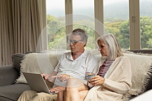 Active senior couple discussing over laptop on sofa in a comfortable home