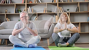 Active senior couple doing yoga and smiling while spending time at home.