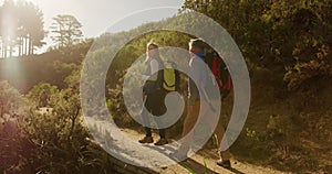 Active senior couple hiking in forest