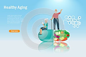 Active senior couple on supplementary foods in capsule with fresh fruits and vegetable. Balancing proper nutrition foods to