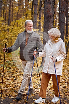 active senior couple walking with Nordic poles while enjoying hike in autumn forest
