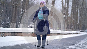 Active senior elderly woman training Nordic walking with trekking poles. Elderly woman practicing Nordic walking