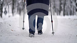 Active senior elderly woman training Nordic walking with trekking poles. Elderly woman practicing Nordic walking