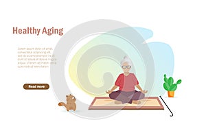 Active senior grandma doing meditation in lotus pose at home. Healthy aging and elderly health care concept