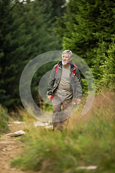 Active senior hiking in high mountains