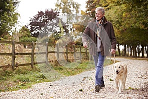 Active Senior Man On Autumn Walk With Dog On Path Through Countryside