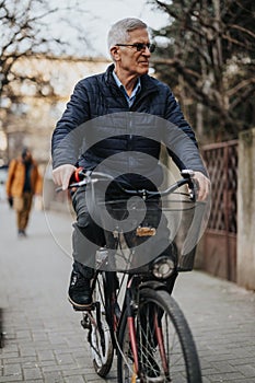 Active senior man enjoying a leisurely bike ride in the city.