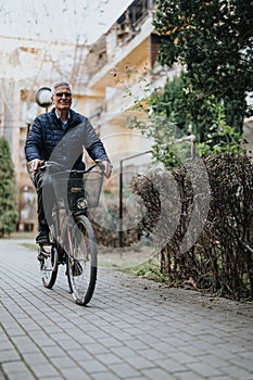 Active senior man riding a bicycle on a paved path in urban setting.